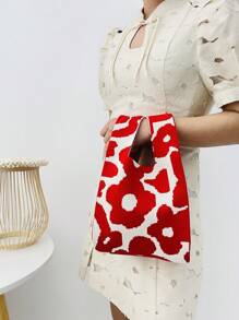 lulu kewen 1pc Floral Pattern Crochet Handbag, Mini Crochet Tote Bag, Floral Design, Crochet Knit, Breathable & Lightweight, Foldable, Pockets