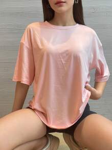 Big Shoulder Short SleevesT-Shirt Drop  Pure Colour Black Summer Relaxed Leisure