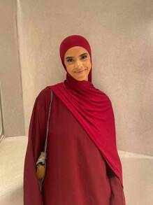 1pc Soft Solid Color Jersey Hijab, Plain Long Scarf For Women - Burgundy - View 2