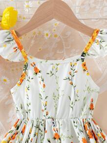 Young Girl Ditsy Floral Cap Sleeve Dress, Fashionable Princess Dress - Yellow - View 4