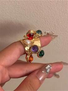 Vintage Ring With Adjustable Peacock Stone Pendant & Tassel, Women's Jewelry Accessory For Index Finger - Multicolor - View 3