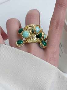 Vintage Ring With Adjustable Peacock Stone Pendant & Tassel, Women's Jewelry Accessory For Index Finger - Multicolor - View 2
