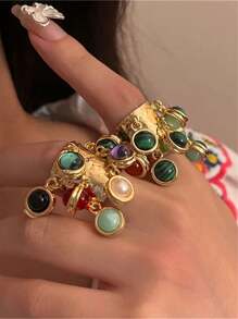 Vintage Ring With Adjustable Peacock Stone Pendant & Tassel, Women's Jewelry Accessory For Index Finger - Multicolor - View 6