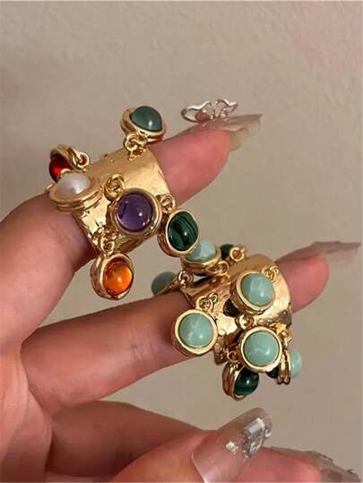 Bague vintage avec pendentif ajustable en pierre de paon et pompon, Accessoire de bijou pour femmes pour le doigt index