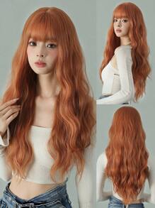 万圣节假发，黑色带绿色挑染，长卷发，带刘海。编织合成纤维假发，适合日常佩戴，逼真头皮，角色扮演假发。 - 橘色 - 查看 2