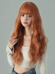 万圣节假发，黑色带绿色挑染，长卷发，带刘海。编织合成纤维假发，适合日常佩戴，逼真头皮，角色扮演假发。 - 橘色 - 查看 4