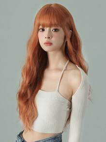 万圣节假发，黑色带绿色挑染，长卷发，带刘海。编织合成纤维假发，适合日常佩戴，逼真头皮，角色扮演假发。 - 橘色 - 查看 5