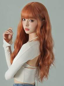 万圣节假发，黑色带绿色挑染，长卷发，带刘海。编织合成纤维假发，适合日常佩戴，逼真头皮，角色扮演假发。 - 橘色 - 查看 7