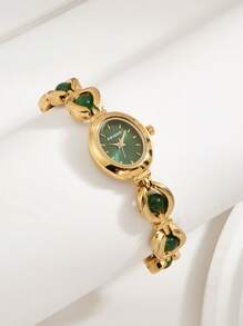 1 pieza Reloj de pulsera de lujo para damas de color verde pavo real vintage, adecuado para regalos de vacaciones y uso en fiestas - Dorado - Ver 2