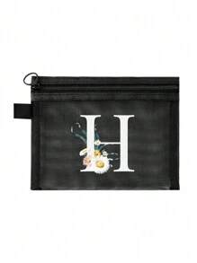 1个黑色网眼袋，雏菊图案，可定制字母A-Z，透明网眼化妆品收纳袋，多功能旅行便携袋，护肤品和化妆品收纳袋，学生文具袋，网眼拉链袋，旅行化妆品包装收纳袋，简约时尚，适合珠宝收纳、住宿、旅行、商务、游泳和家居收纳。 - 黑色 - 查看 20