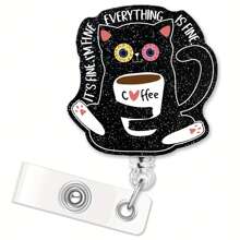 1pc Flexible Black Sparkling Badge Reel With Fun Black Cat Identity Badge Holder, Suitable For Nurses, Doctors, Office Workers, Social Workers, Coffee & Cat Lovers, Gift - Black - View 1