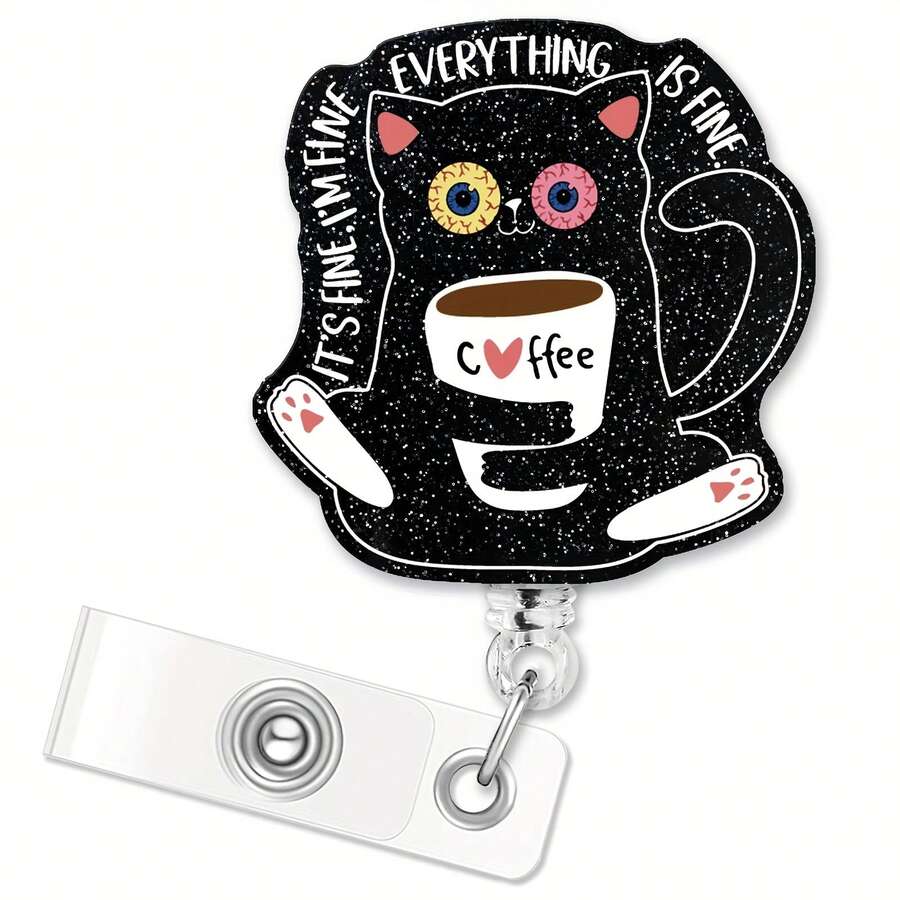 1pc Flexible Black Sparkling Badge Reel With Fun Black Cat Identity Badge Holder, Suitable For Nurses, Doctors, Office Workers, Social Workers, Coffee & Cat Lovers, Gift - Black - View 1