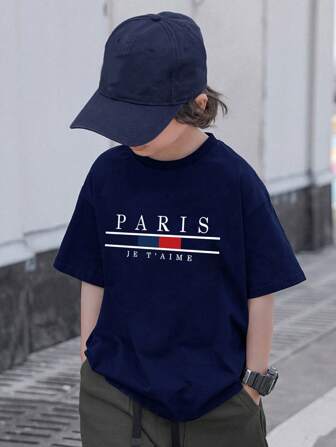 Tween Boy Casual Printed Dark Blue Round Neck Short Sleeve T-Shirt, Summer