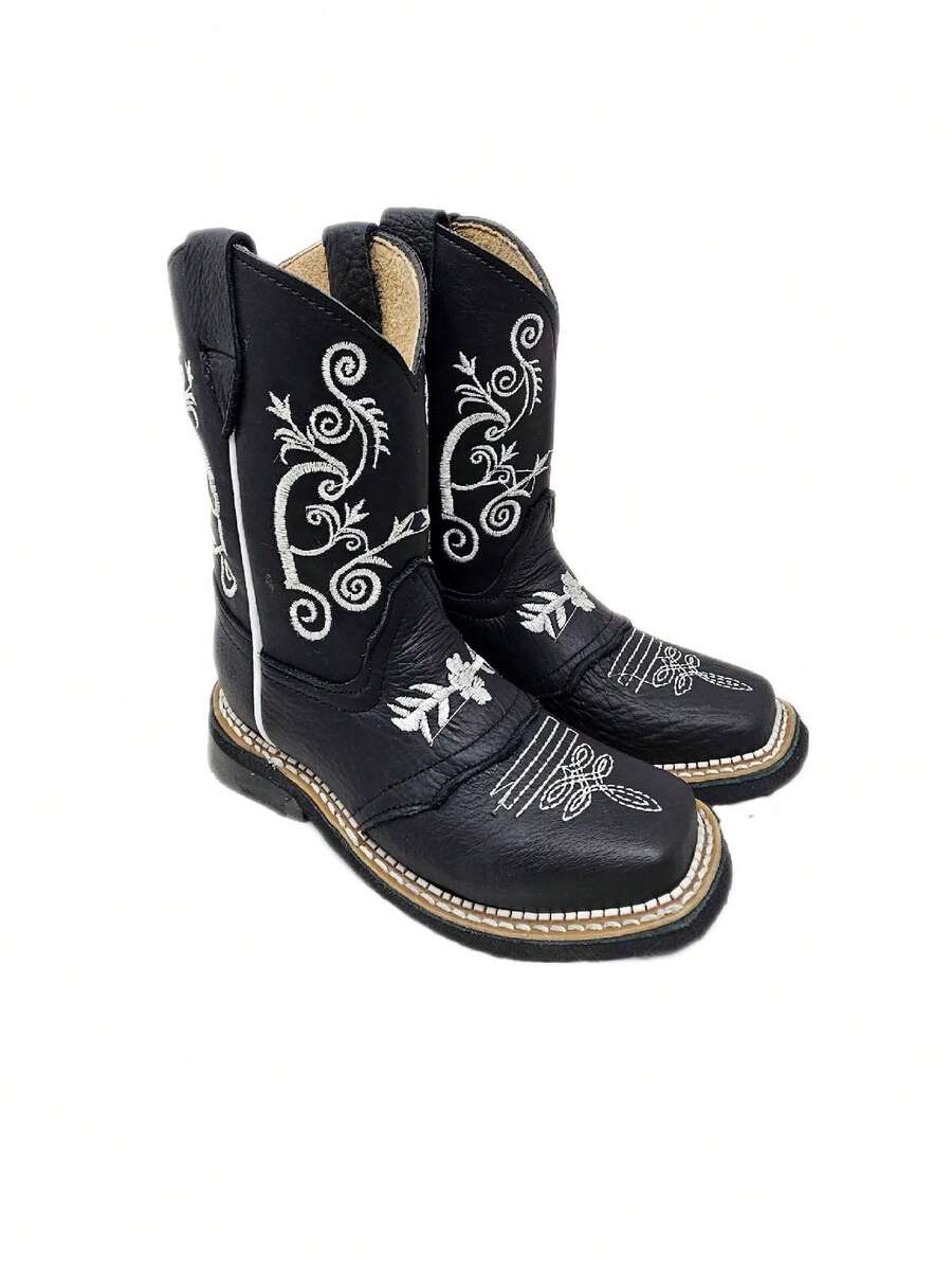 Botas vaqueras niños niñas bebés primeros pasos unisex con plataforma botines infantil moda café marrón negra 12mx-21mx ecopiel elegante cowbow chelsea flores detalles de calidad - Ver 1
