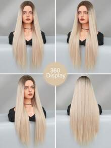 NICKY WALL Peluca sintética larga y recta de 32" con raíces oscuras, color rubio blanco, raya al medio, fibra resistente al calor, ideal para uso diario, fiestas y actuaciones en el escenario - Dorado - Ver 5