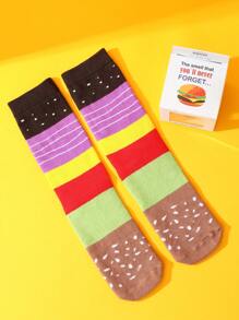 1 par de calcetines unisex hasta la pantorrilla con patrón de hamburguesa, regalo novedoso e interesante, cómodos, transpirables, adecuados para Halloween, Navidad, San Valentín, reuniones familiares, uso casual, hogar, cumpleaños en pareja, disponibles para todas las estaciones incluyendo otoño e invierno, los calcetines talla grande coloridos y mejores