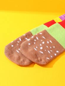 1 par de calcetines unisex hasta la pantorrilla con patrón de hamburguesa, regalo novedoso e interesante, cómodos, transpirables, adecuados para Halloween, Navidad, San Valentín, reuniones familiares, uso casual, hogar, cumpleaños en pareja, disponibles para todas las estaciones incluyendo otoño e invierno, los calcetines talla grande coloridos y mejores