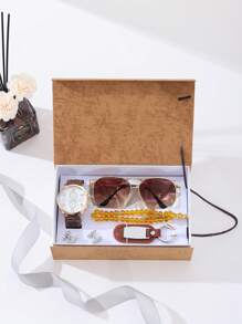 父親節禮物套裝，包含時尚禮盒、潮流眼鏡、個性化手錶、實用鑰匙扣和時尚袖扣。適用於情人節男友禮物、畢業生或教師等畢業禮物等的禮物