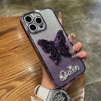 Handmade Diamante Letter Glitter Butterfly Bracket Phone Case Compatible With Huawei/Honor Phones, Glittering Plating Cover For Women With Anti-Drop Shockproof Protection