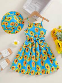 2pcs Young Girl Sunflower & Hawaiian Holiday Style Strap Dress With Belt And Hat, Perfect For Festivals, Holidays, Beaches Etc. In Spring/Summer - Blue - View 1