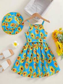 2pcs Young Girl Sunflower & Hawaiian Holiday Style Strap Dress With Belt And Hat, Perfect For Festivals, Holidays, Beaches Etc. In Spring/Summer - Blue - View 2