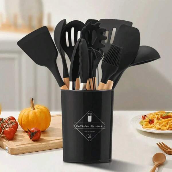 Jogo Kit 12 Peças Utensílios De Cozinha Colheres Espátula Silicone Cabo Madeira Moderno