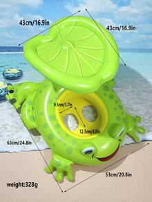 1 pieza Anillo de natación de PVC con forma de rana de dibujos animados linda, flotador de piscina con forma de animal y toldo parasol - Verde - Ver 5