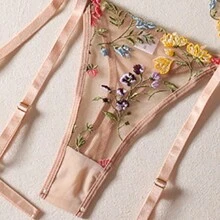 (隨機花朵圖案)性感刺繡吊襪帶內衣套裝 - 杏色 - 查看 4