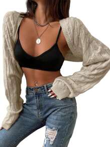 Womens Long Sleeve Open Front Crop Cardigan Sweater Drop Shoulder Shrugs Knit Bolero Sweaters Tops Outwear - 灰杏仁 - 查看 3