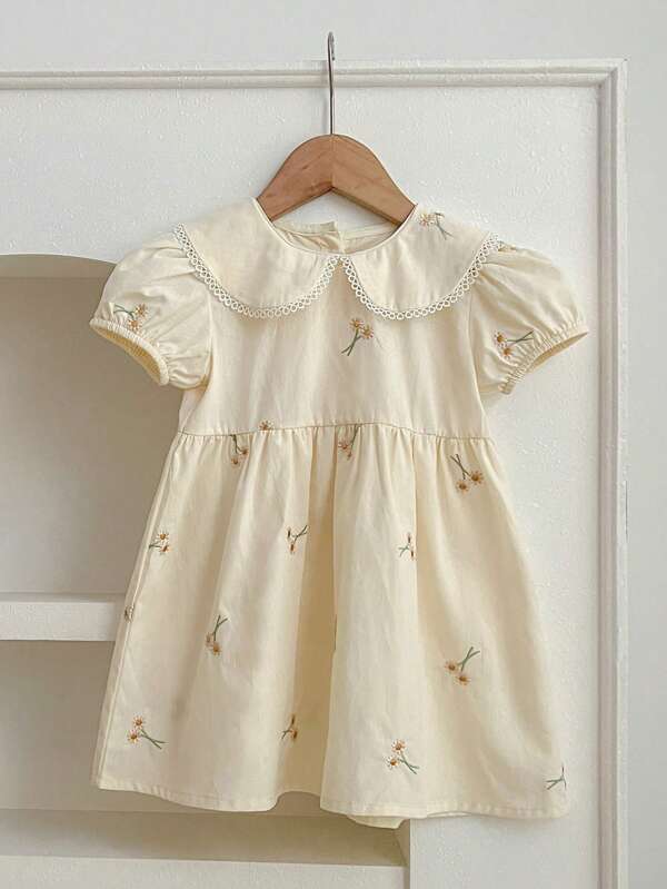 Young Girl New Peter Pan Collar Embroidered Flower Short Sleeve Princess Dress