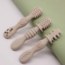 3pcs Baby Feeding Spoon, First Stage Spoon, Silicone, Training Spoon For Babies 6 Months And Above, Baby Spoon, Easy-Grip Tableware, Dishwasher Friendly, Boil-Proof, Green, Cream Color - Beige - View 7