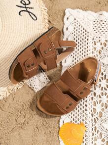 1pair Unisex Kids' Breathable Rivet Soft Bottom Sandals With Open Toe, Fashionable Flat Beach Shoes - Brown - View 4