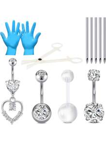 12Pcs Belly Button Ring Piercing Kit,Belly Button Piercing Kit Stainless Steel 14G 10mm Belly Button Rings Piercing Needles Disposable Piercing Clamps Set Navel Belly - Multicolor - View 5