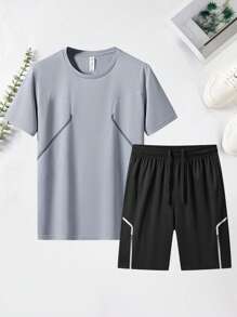 男友风男士夏季跑步健身运动冰丝速干降温吸汗透气四面弹力高弹力运动短袖T恤短裤套装 - 灰色 - 查看 1