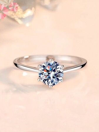 1枚1克拉立方氧化鋯實驗室製造的鑽石 & 925純銀圓形婚禮訂婚戒指,女性新娘珠寶禮物