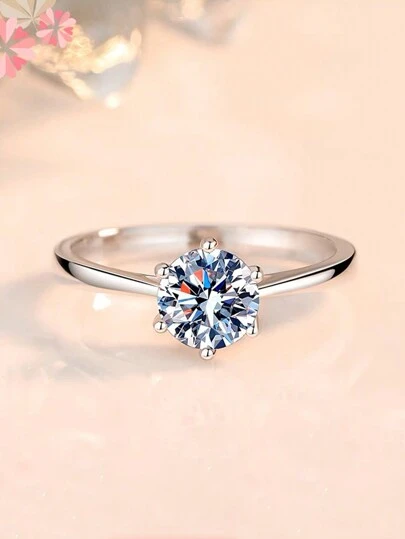 1pc 1 Carat Cubic Zirconia Lab Created Rhinestone & 925 Sterling Silver Round Shape Wedding Engagement Ring Gift For Women Bridal Jewelry