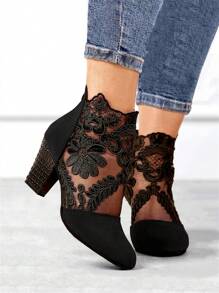 Botines cortos de encaje floral elegantes, de moda y cómodos con tacón alto para mujer, transpirables y sexys, adecuados para todas las estaciones - Negro - Ver 1
