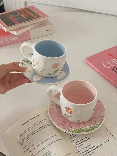 1 Set de taza y platillo con diseño de flores, Set de tazas de cerámica para café y té para té de la tarde, desayuno o tomar leche, adecuada para uso en el hogar, cafetería, restaurante u oficina