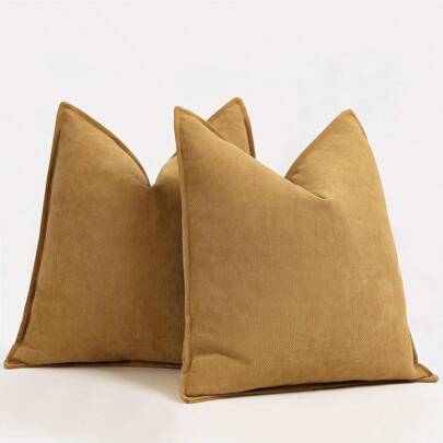 1pc Mustard Yellow (Without Filling) Fishbone Pattern Piping Decorative Pillow Cover, Modern Luxury Soft Chenille Piping Cushion Cover, Suitable For Sofa, Bed, Bedroom, Office, Hotel, Decor, All Season