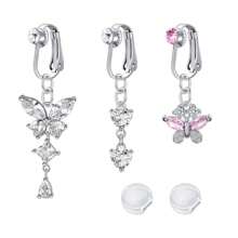 2-3pcs Pink Fake Belly Ring Clip On Belly Button Rings Stainless Steel Fake Earrings Diamond Dangle Non Piercing Belly Piercing Jewelry With Pain Relieving Silicone Pads