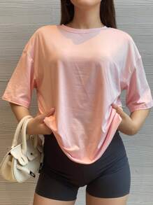 Big Shoulder Short SleevesT-Shirt Drop  Pure Colour Black Summer Relaxed Leisure