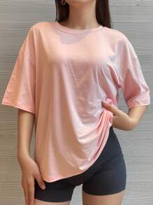 Big Shoulder Short SleevesT-Shirt Drop  Pure Colour Black Summer Relaxed Leisure