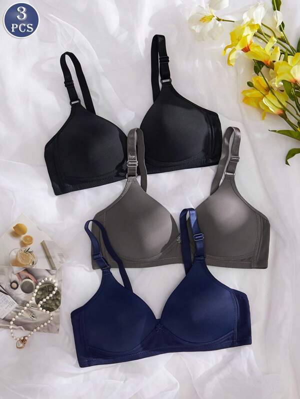 3PCS Lady's Comfortable Sleep Multicolour Wireless Ventilate Soft Cup Solid Underwear Bra, Lingerie