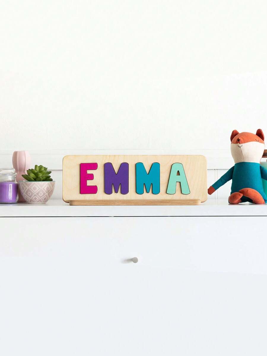 1pc Personalized Wooden Name Puzzle Board, Easter Gift, Name Puzzle, First Birthday Gift, Custom Wooden Name Puzzle Plaque, Unique Name Puzzle Board - Pink Letters - View 1
