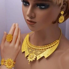 4入組花紋22k鍍金珠寶套裝,包括耳環、項鍊、戒指和吊墜。適合迪拜女性,是婚禮禮物、派對和活動的理想選擇（非洲,尼日利亞風格） - 翅膀桃 - 查看 7