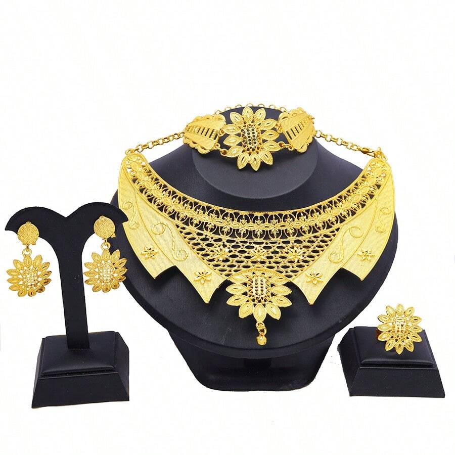 4入組花紋22k鍍金珠寶套裝,包括耳環、項鍊、戒指和吊墜。適合迪拜女性,是婚禮禮物、派對和活動的理想選擇（非洲,尼日利亞風格） - 翅膀桃 - 查看 1