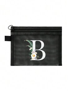 1个黑色网眼袋，雏菊图案，可定制字母A-Z，透明网眼化妆品收纳袋，多功能旅行便携袋，护肤品和化妆品收纳袋，学生文具袋，网眼拉链袋，旅行化妆品包装收纳袋，简约时尚，适合珠宝收纳、住宿、旅行、商务、游泳和家居收纳。 - 黑色 - 查看 33