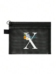 1个黑色网眼袋，雏菊图案，可定制字母A-Z，透明网眼化妆品收纳袋，多功能旅行便携袋，护肤品和化妆品收纳袋，学生文具袋，网眼拉链袋，旅行化妆品包装收纳袋，简约时尚，适合珠宝收纳、住宿、旅行、商务、游泳和家居收纳。 - 黑色 - 查看 19