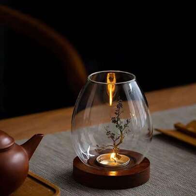 1 chân nến thủy tinh hình hoa mận, trang trí phong cách Trung Hoa trong suốt cổ điển, chụp đèn chống gió Zen cho bữa tối dưới ánh nến, chân nến thủy tinh tròn, trang trí phòng, quà tặng