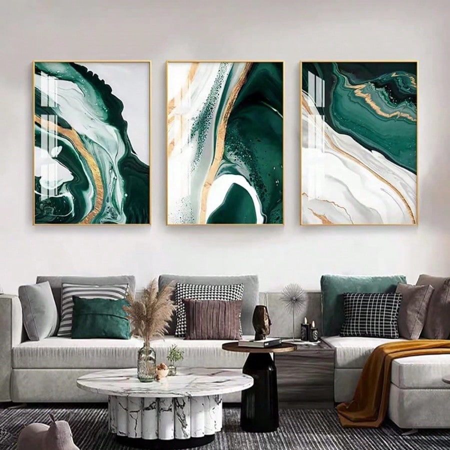 3 piÃ¨ces Image sur canevas murale sans cadre, moderne et abstraite de lignes dorÃ©es en feuille vert foncÃ© de marbre, dÃ©coration murale d'art sur